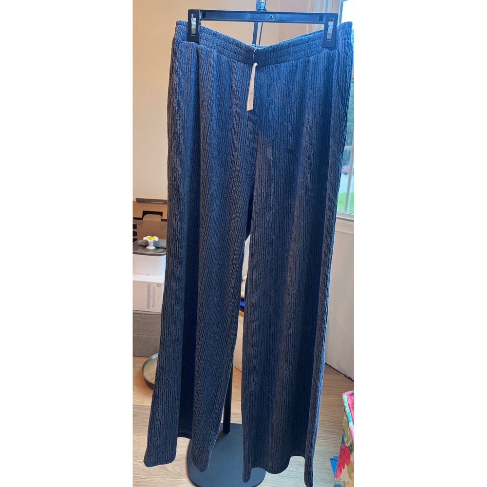 A New Day Navy Blue Plisse Wide Leg Pants High Rise Elastic Waist Pockets M NWT